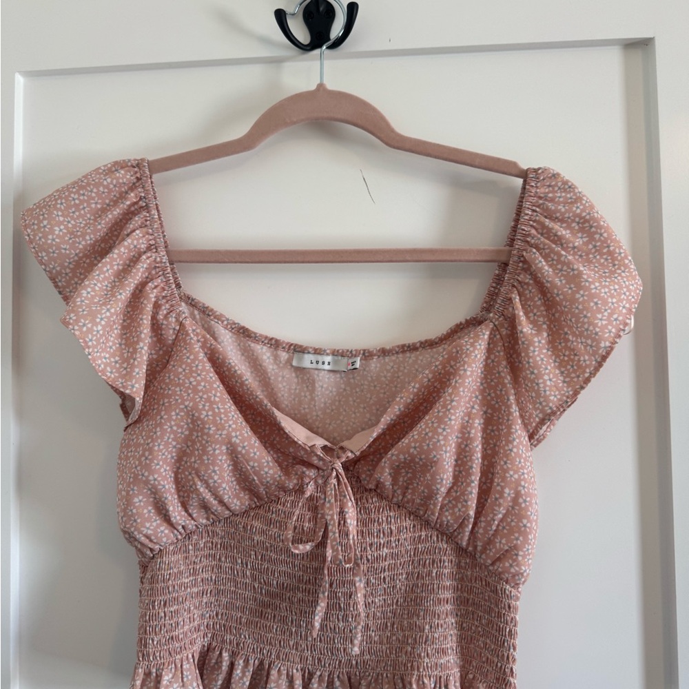 Lush Dusty Rose Floral Smocked Tie-Front Tunic